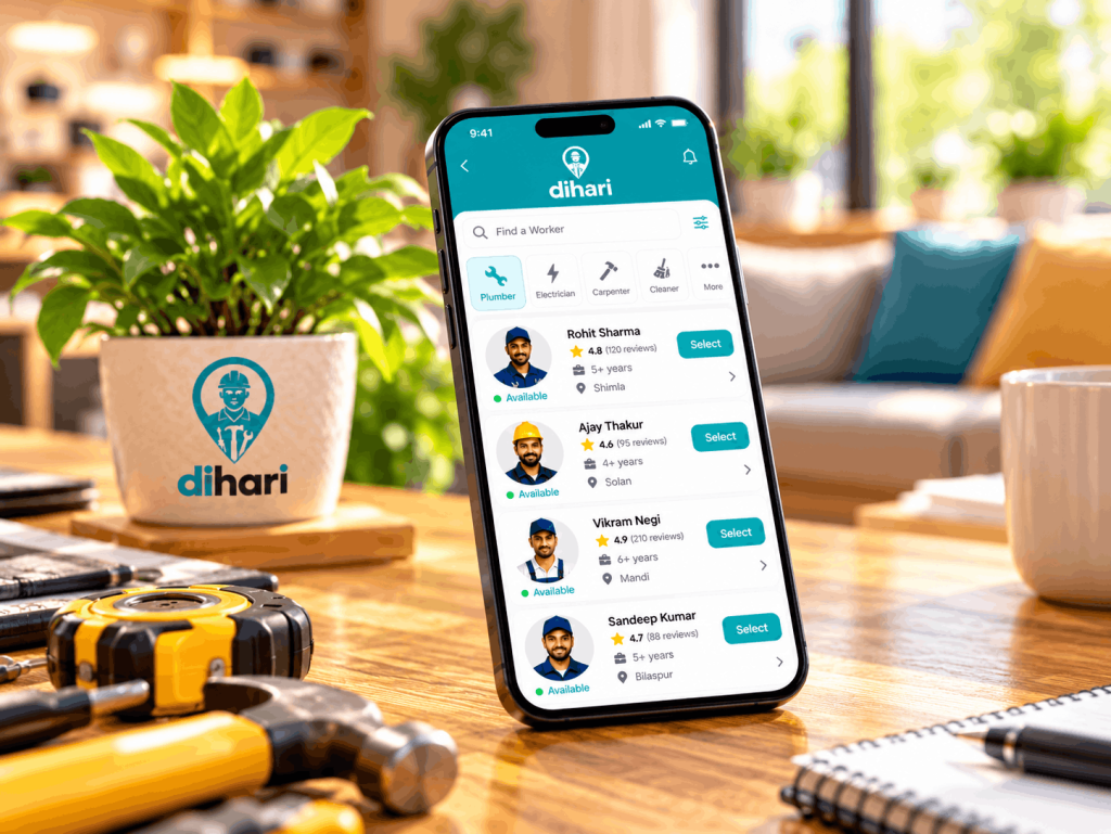 Dihari app screen for connecting with a skilled worker
