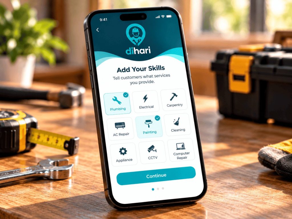 Dihari app screen for adding worker skills and services