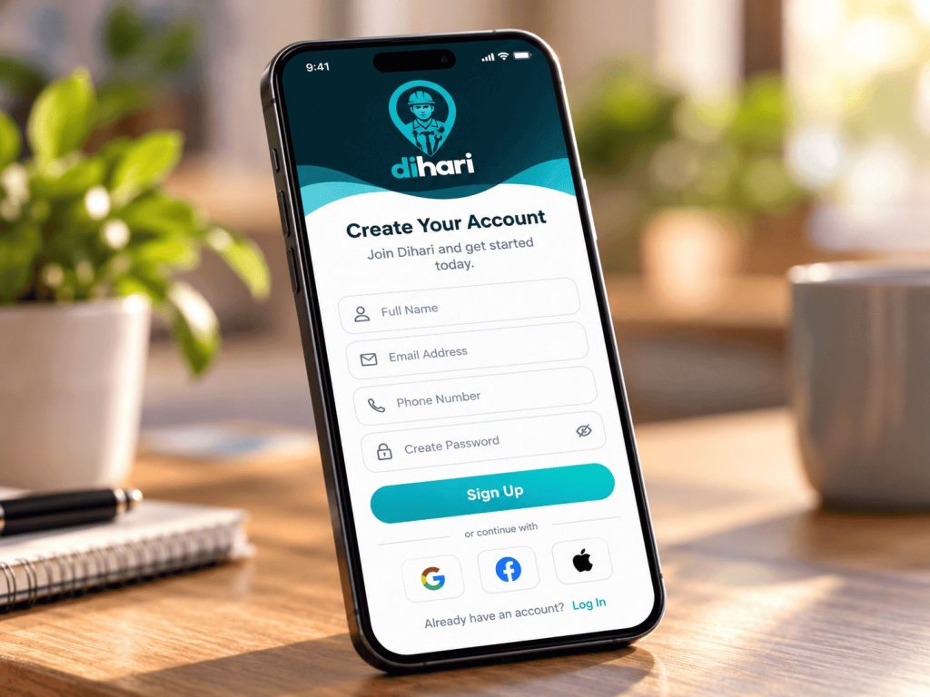 Dihari app customer account creation screen