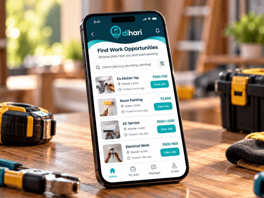 Dihari app screen for finding work opportunities