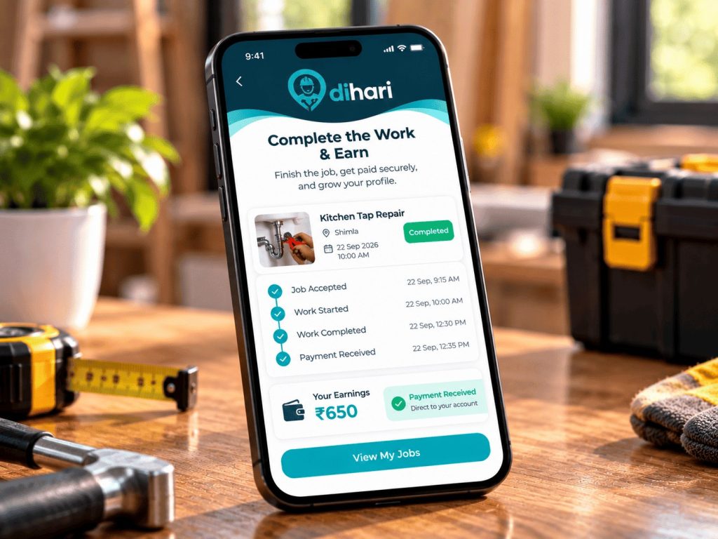 Dihari app screen showing completed work and earnings