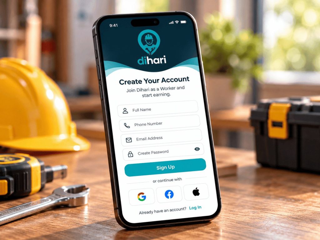 Dihari app worker account creation screen